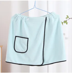 Light blue wearable bath towel skirt with black trim, pocket and convenient snaps for home.