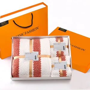 Koraal fleece handdoek en badhanddoek geschenkdoos set, super absorberend oranje witte strepen.