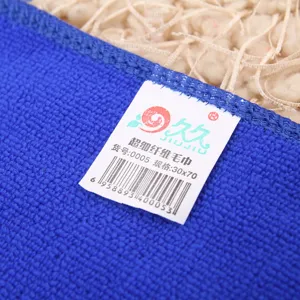 Detailed close-up of blue microfiber towel texture and product tag specification.