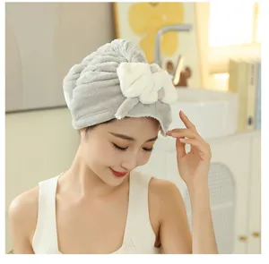 Grey nano fleece dry hair cap with cute bow detail, soft absorbent quick drying shower towel wrap.