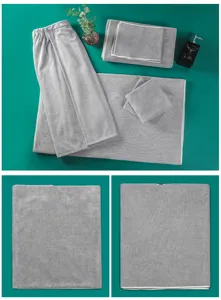 Grey beauty salon towel set five pieces including wearable bath skirt and soft bed sheets.