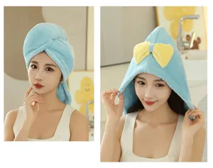 Cute Bow Swallowtail Dry Hair Cap Soft Absorbent Coral Fleece Microfiber Towel Wrap
