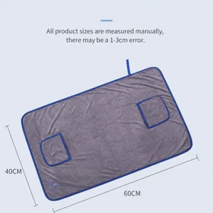 Pet bath towel size chart showing 40x60cm grey dog drying towel with dual pockets design.