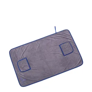 Grey microfiber pet bath towel with double pockets and hanging loop for dogs and cats