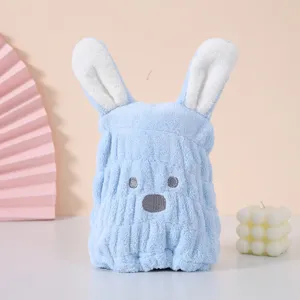 Cute blue rabbit ear microfiber hair drying towel for kids, super absorbent shower cap.