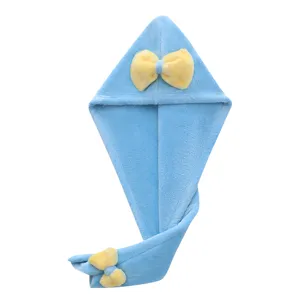 Cute blue microfiber hair drying towel cap with yellow bow, soft absorbent bath wrap.
