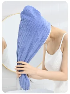 Serviette turban de séchage en polaire corail rayée bleue, ultra absorbante et douce pour cheveux.