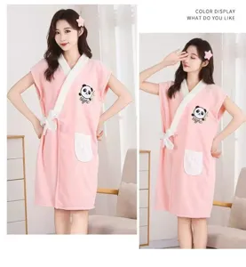 Pink coral fleece wearable bath towel dress with cute panda embroidery, soft and absorbent.