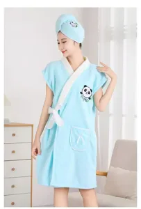 Soft coral fleece wearable bath towel set with cute panda embroidery for women daily use.