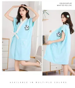 Wearable coral fleece bath towel dress with cute panda embroidery, soft and absorbent.