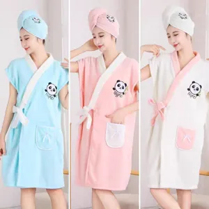 Wearable coral velvet bath towel dress with cute panda embroidery, absorbent soft bath robe.