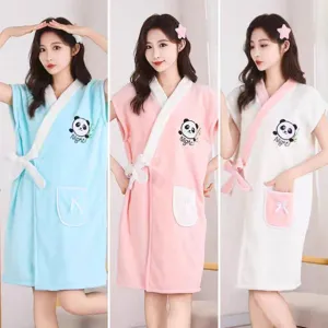 Wearable coral fleece bath towel with cute panda embroidery, soft absorbent wrap dress.