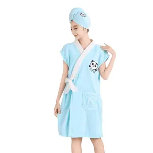 Coral fleece wearable bath towel dress for women, soft absorbent spa robe with cute panda embroidery.