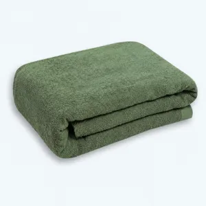 Detailed shot of folded military green cotton towel blanket, soft texture for summer use.