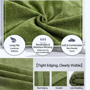 Military green cotton towel blanket detail, soft plush fabric with neat stitching and cozy feel.