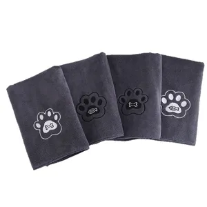 Graues Haustier Badetuch 4er Set mit süßem Pfotenabdruck und Knochen Stickerei für Hunde Katzen.