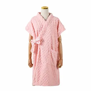 Pink wearable bath towel bathrobe with waffle texture, bowknot and pocket for home use.