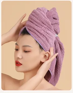Soft coral fleece dry hair cap detail, ultra absorbent and quick drying for daily use.