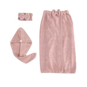 Ensemble de serviette de bain portable en polaire corail avec bonnet de douche et bandeau.