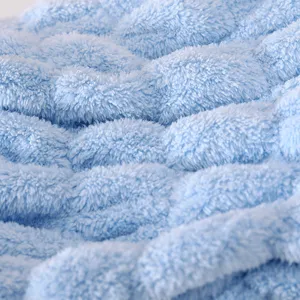 Close-up detail of soft fluffy light blue plush fabric texture, cozy and comfortable.