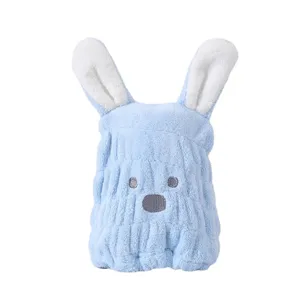 Kids cute rabbit dry hair cap, absorbent coral fleece towel wrap for baby bath time main view.
