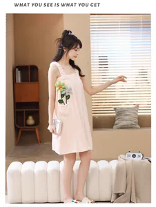 Thick coral fleece wearable bath towel dress, absorbent sleeveless bathrobe with floral pocket.