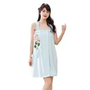 Thickened coral fleece wearable bath towel for women, soft absorbent bathrobe dress with flower.