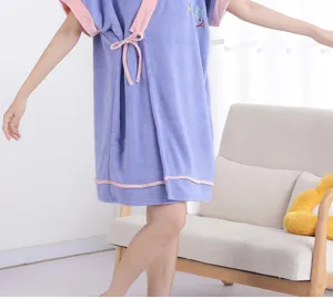 Thickened coral fleece bath dress with cute embroidery, absorbent and quick-drying wear.