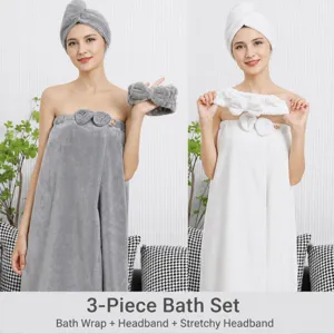 Serviette de Bain Polaire Corail Bonnet Douche Bandeau Ensemble Robe de Bain Portable Femme