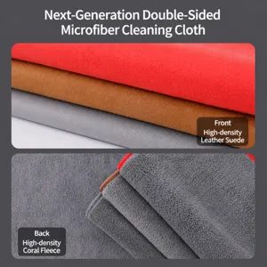 Dual-material car cleaning towel, premium faux suede front and high-density coral fleece back.