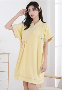 Women thick coral fleece bathrobe cute absorbent bath dress comfortable homewear yellow