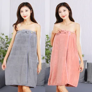 Thickened Coral Fleece Wearable Bath Skirt Set For Women Soft Absorbent Bath Towel With Dry Hair Cap And Headband