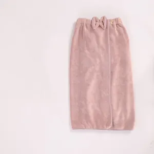 Thickened coral fleece wearable bath towel for women, soft absorbent shower dress with bow.