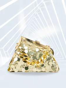 Luxury gold sequin evening clutch bag with chunky chain strap for party and dress events.