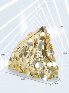 Gold sequin clutch detail view, featuring shimmering paillettes and metal clasp closure.