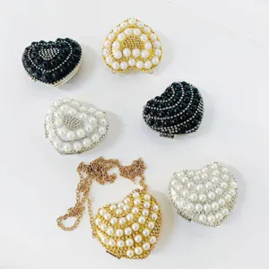 Women Evening Bag Rhinestone Pearl Heart Shaped Clutch Bag Metal Chain Crossbody Shoulder Bag Luxury Party Wedding Handbag