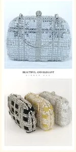 Rhinestone evening bag detail showing sparkling plaid pattern and metallic chain handle design.