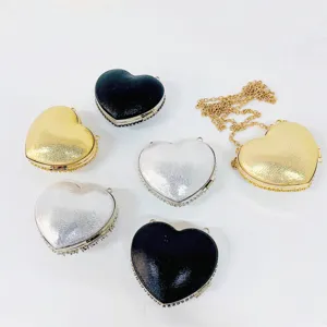 Heart-shaped evening clutch bag with sparkling rhinestones, elegant multi-color shoulder bag.