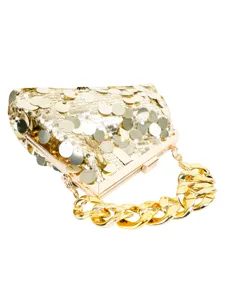 Stunning gold sequin evening bag with chunky chain handle, luxury party clutch for women.