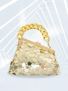 Elegant golden sequin evening clutch bag with chunky chain handle for party wedding prom