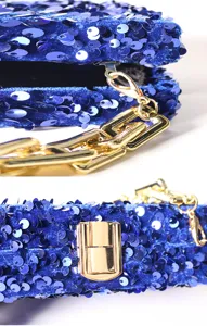 Blue sequin velvet evening bag detail with gold chain and metal lock clasp for women.