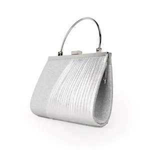 Silver glitter evening clutch bag, elegant metallic handle and clasp detail close-up.