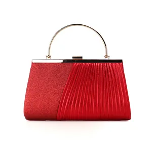 Women's Sequined Pleated Evening Bag Metallic Round Handle Clutch Purse Elegant Party Banquet Handbag
