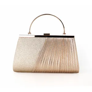Elegant gold glitter evening clutch bag with pleated detail and metal top handle.