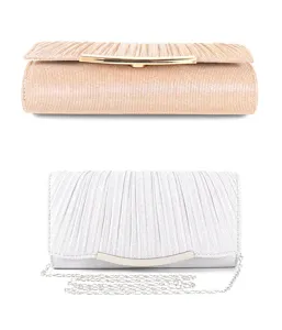 Detailed view of shimmering glitter evening clutch bag with elegant pleated design and metal lock.