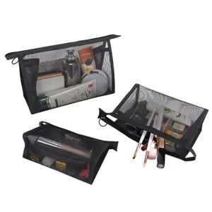 Schwarze Netztasche Kosmetiktasche Set, große dreieckige Make-up Organizer Tasche für Damen.