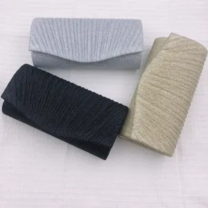 Women Pleated Evening Bag Fabric Glitter Clutch Fashion Chain Shoulder Bag Party Prom Handbag Metallic Crossbody Bag