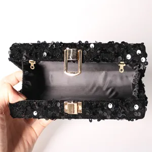 Black sequin evening clutch bag with gold tone metal lock hardware for women party wedding prom