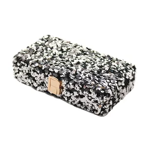 Black silver sequin evening clutch bag with gold metal lock for women party formal wear