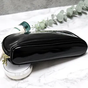 Black patent leather cosmetic bag portable waterproof makeup pouch travel storage bag for women